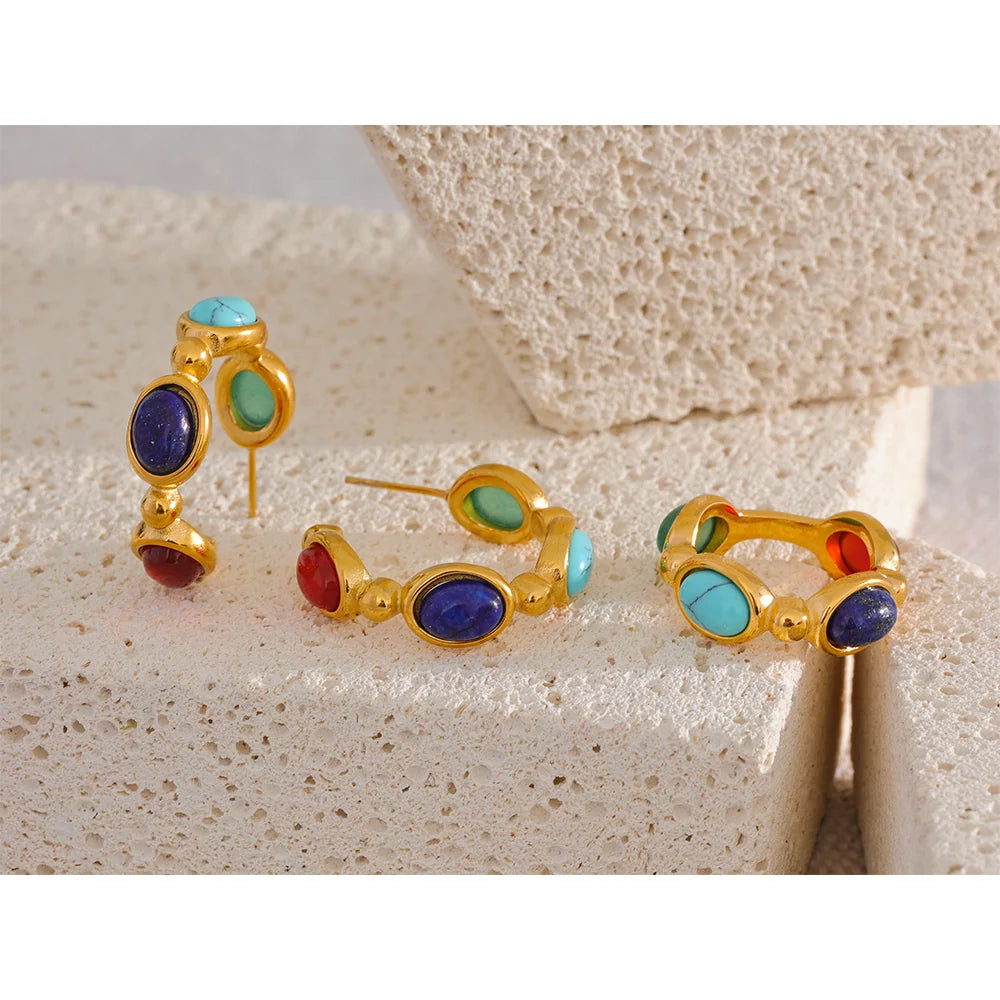 Natural Stone Cab Hoop Earrings